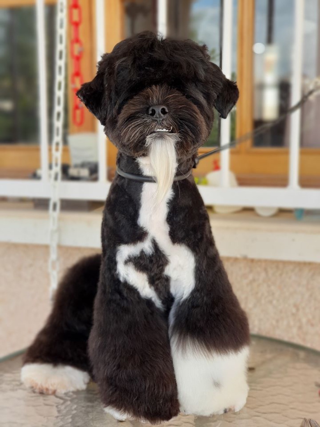 Coco, a groomed Tibetan terrier, sitting for the camera